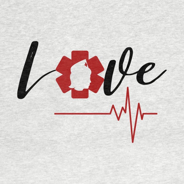 Love Nursing black text design with red Nurse star, silhouette and heartbeat by BlueLightDesign